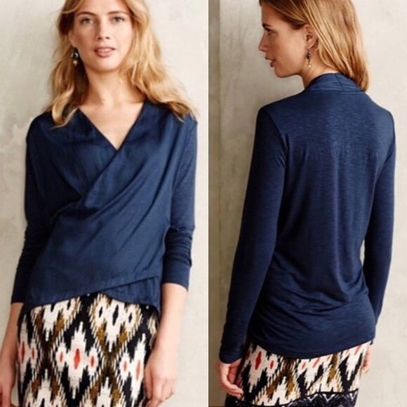 Anthropologie Dolan Left Coast Collection Navy Long Sleeve Tulip Faux Wrap Top S - Picture 2 of 13